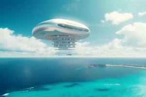 City in the Sky AI-powered Flying Cities and Spaceships over the Azure Sea photo