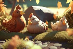 Tres gracioso pollos tomando un siesta en un prado ai generado foto