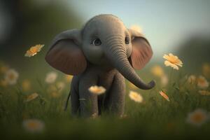 Sweet little elephant enjoying a spring flower field photo