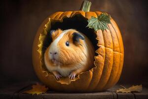 Funny guinea pig sits in the Halloween pumpkin and nibbles photo