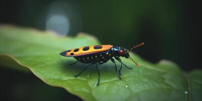 escarlata escarabajo en un vibrante verde hoja en el selva ai generado foto