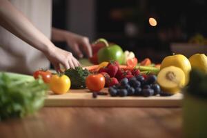 brillante cocina con de madera encimera, abundante frutas y verduras, y borroso cocinero en el antecedentes ai generado foto