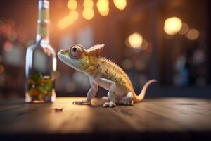 Charming Chameleon enjoying a night out at the bar with bottles in the background photo