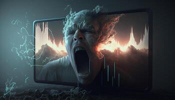 horror choque un místico imagen de un cara emergente desde un pantalla durante un valores mercado choque foto