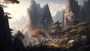 Serene beauty A Chinese temple nestled in the mountains photo