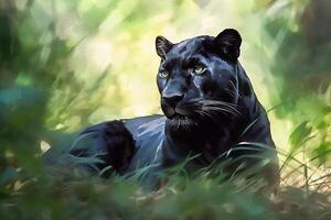 In the Jungle, the Mighty Panther Rests Amongst the Greenery An Aquarelle Painting photo