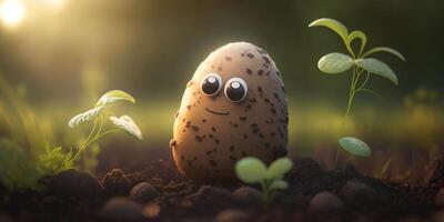 Cheerful Potato with Eyes on a Potato Field, AIIllustration photo