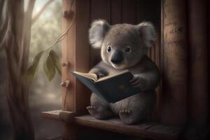 coala se sienta en un árbol casa y lee un libro ai generado contenido foto