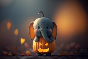 Little Elephant in a Halloween Pumpkin Costume Sitting in a Pumpkin Patch photo