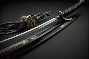 Exquisito de cerca de un noble katana espada en un oscuro antecedentes ai generado foto