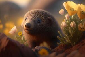 Illustration Funny mole smelling a flower content photo