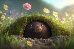 Illustration funny mole looks out of his molehill on a green meadow content photo