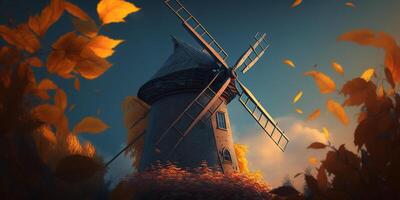 Fantastic traditional windmill in autumn illustration photo