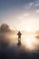 pescar a amanecer pescador de caña en el brumoso lago con pescar varilla ai generado foto