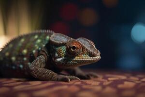 Colorful Chameleon perched on a carpet photo