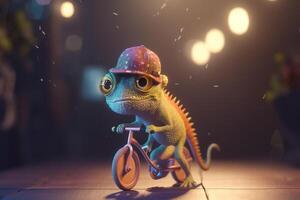 encantador camaleón en un bicicleta con un gorra ai generado foto