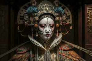 encantador representación de hembra ejecutante en tradicional chino ópera máscara ai generado foto