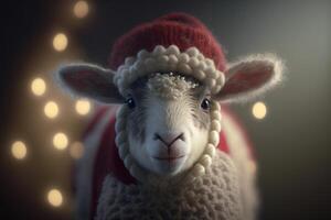 Festively Decorated, Adorable Little Sheep with Santa Hat in a Christmas Scene photo