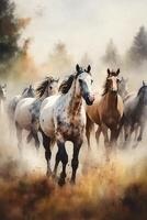 Grazing Horses on a Sepia-toned Meadow An Aquarelle Painting photo