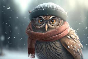 Owl with scarf and hat in cold winter photo