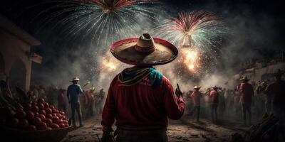 celebrando nuevo años con un hombre en tradicional mexicano ropa y un mexicano sombrero ai generado foto