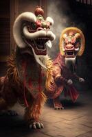 Magnificent Chinese Dragon and Lion Dance with Frightening Figures photo