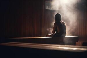 transpiración en el sauna persona relajante en lleno de vapor habitación ai generado foto