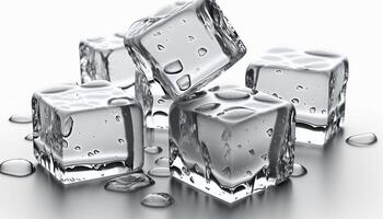 cristal claro hielo cubitos de cerca aislado en blanco antecedentes ai generado foto