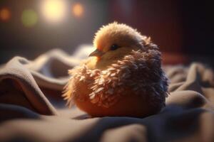 Cozy Little Chick Wrapped in a Soft Blanket, Basked in the Warmth of the Sun photo