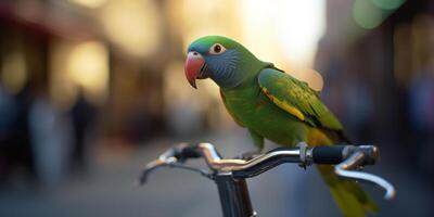 Colorful Parrot Perched on Bicycle Handlebar in Busy City photo