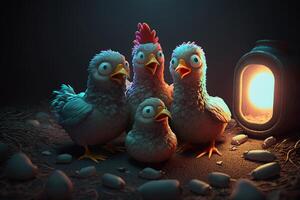 Frightened Flock Four Hens Huddle Together with Lantern in the Night photo