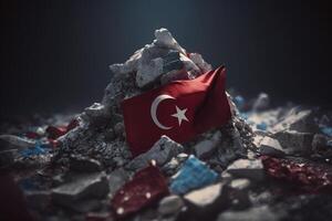 Turkish Flag amidst earthquake rubble - Symbol of Resilience and Unity photo