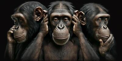 Illustration of 3 intelligent looking chimpanzee monkeys AI generated content photo