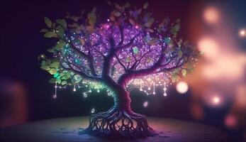 encantado brillante árbol con espumoso luces y centelleo elementos ai generado foto