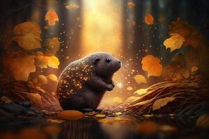 Illustration Funny mole in golden autumn with colorful leaves in the forest content photo