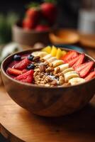 vistoso Fruta y Granola cuenco en un de madera cuenco ai generado foto