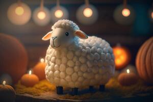 Adorable Little Sheep with Pumpkin in a Fall Field photo