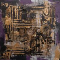 Layers of Time and Texture A Captivating Industrial Chic Artwork with Collages and Paint on a Large Canvas in Purple and Sepia photo