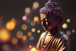 Close-up of golden Buddha statue with bokeh background photo