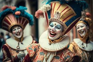 celebrando carnaval en Venecia personas en festivo mascaras y disfraces ai generado foto