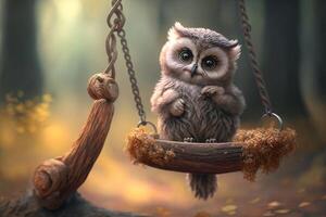 cute little baby owl is sitting on a wooden swing in the forest photo