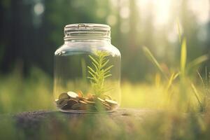 verde inversión un vaso de monedas entre plantas con borroso bokeh amarillo verde bosque antecedentes ai generado foto