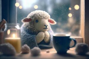 Cozy Sheep Sipping Warm Drink by Snowy Window in Winter Wonderland photo