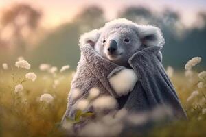 Koala snuggles up in a blanket in a meadow content photo