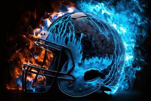 flameante azul llamas fútbol americano casco ai generado foto