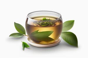 Refreshing green tea in a clear glass on white background photo