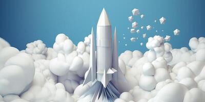 White Rocket Model Flying Through Cloudy Blue Skies as a Symbol of Startup Success and Innovation photo