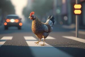 el valiente pollo cruce el ocupado ciudad calle en medio de el brillante luces y carros ai generado foto