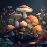 Enter a world of magic and wonder with these luminous mushrooms in a fantastical forest photo