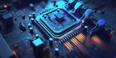 Close-up of Blue-Toned Processor on Motherboard with Bokeh Effect photo